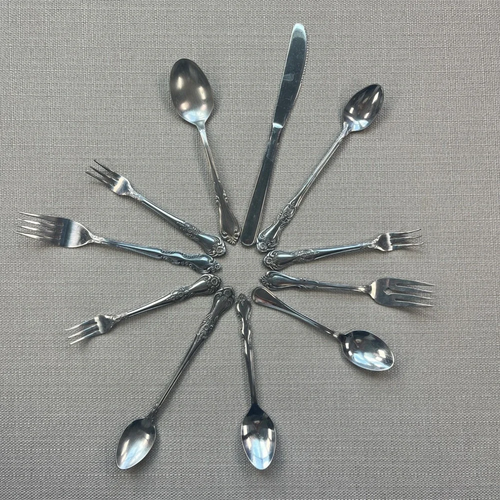 Stainless Steel Floral Flatware Set 11pc Mismatched Vintage Style Silverware
